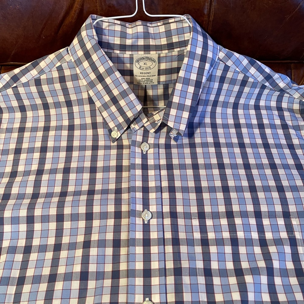 Brooks Brothers Regent Sport Shirt, Non-Iron Poplin, Blue/White Check, XL